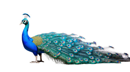 A vibrant blue and green peacock proudly displays its colorful feathers in a full spread © yousaf