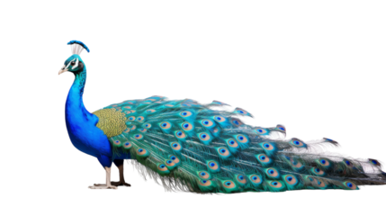 A vibrant blue and green peacock proudly displays its colorful feathers in a full spread