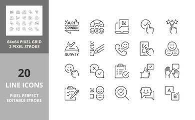 Line icons about satisfaction surveys. Editable vector stroke. 64 and 256 Pixel Perfect scalable to 128px... - obrazy, fototapety, plakaty
