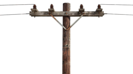 A wooden pole with multiple wires attached in a tangled pattern