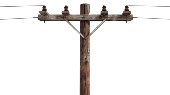 A wooden pole with multiple wires attached in a tangled pattern