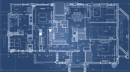 Fototapeta premium Overhead shot of a very detailed house blueprint, house plan with all elements present 