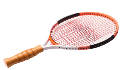 Close up of a tennis racket on a white background emphasizing intricate details and sleek design