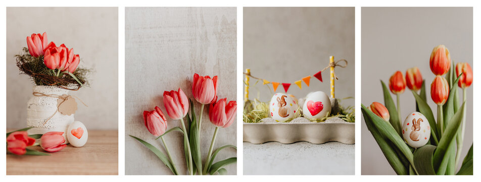 Oster Bilder als Bundle - 4 Oster Motive mit bemalten Ostereiern, Osterhase aus Holz & Tulpen