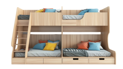 A wooden bunk bed with two sets of stacked beds, creating a cozy and space-saving sleeping area