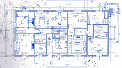 Overhead shot of a very detailed house blueprint, house plan with all elements present 