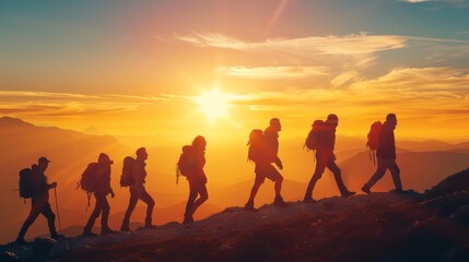 Climbers travel to their destination at the top of a mountain with a beautiful view.