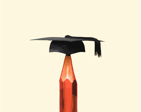 Mortarboard graduation hat on pencil against beige background