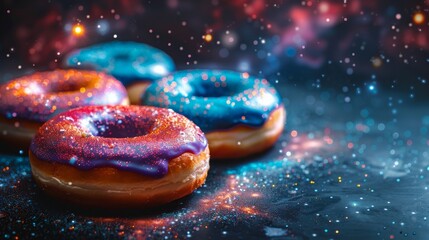 delicious donuts with a unique galaxy-themed icing, sparkling on a dark wooden background. - obrazy, fototapety, plakaty