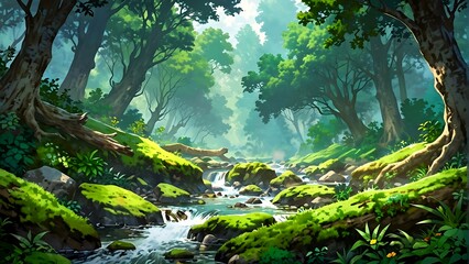 illustration of beautiful tropical forest with lush vegetation and river bathed in sunlight digital background - obrazy, fototapety, plakaty