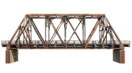 A wooden bridge with metal supports stands tall on a white background