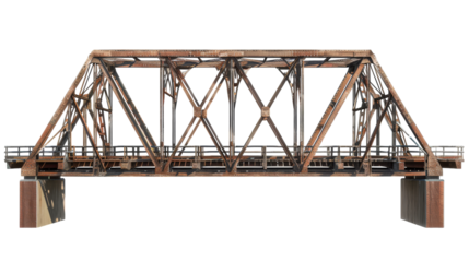 A wooden bridge with metal supports stands tall on a white background