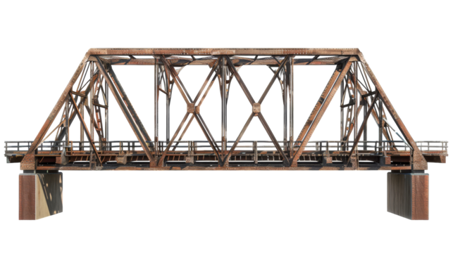 A wooden bridge with metal supports stands tall on a white background