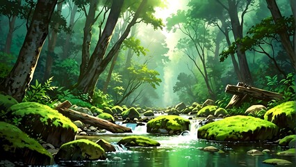 illustration of beautiful tropical forest with river and lush vegetation digital background - obrazy, fototapety, plakaty