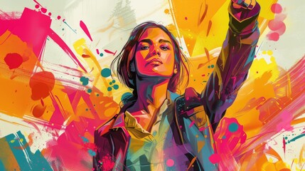 Energetic woman with a raised fist surrounded by explosive colorful paint splatters
