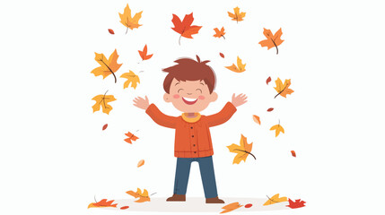 Cartoon happy little boy with autumn leaves flat vector