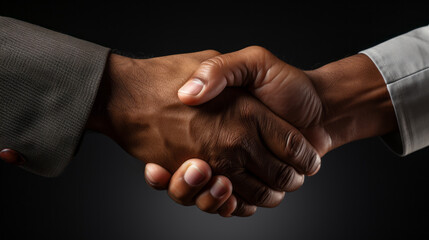 Close-up of a Handshake between a mature black hand with grey sleeve and a mature hand with white sleeve on a dark background - obrazy, fototapety, plakaty