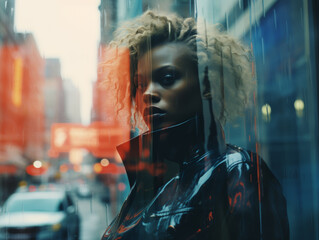 Fashion black Woman portrait with a black shiny overcoat behind a store front into a street between buildings as a blurry background