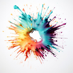 large Splash of shiny light blue orange yellow and pink filamentous liquid paint with a hole in middle and lots of drops