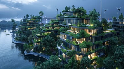 Modern eco-friendly buildings on a waterfront with lush greenery and city lights
 - obrazy, fototapety, plakaty
