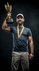 Happy Caucasian Man standing up and wearing gray and blue sport clothes with a cap holding high with his right hand a big Gold Cup with a dark background