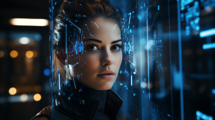 Futuristic Virtual Interface system with lots of thin blue lines around close to a caucasian Woman head with brown hair and blurry dark background - obrazy, fototapety, plakaty