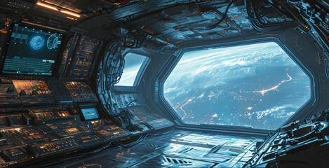 View behind large windows of an unknown planet with many city lights on the surface and many clouds inside a spaceship