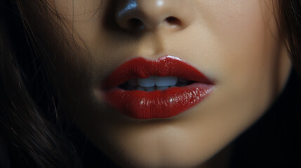Very close-up of a Woman sexy mouth slightly open to see white teeth with a red shiny lipstick and long brown hair - obrazy, fototapety, plakaty