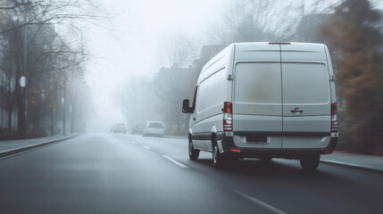 White transport Van back view without brand driving fast in a suburb street with a very dense fog in background