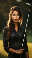 Young Caucasian Golf player Woman with long brown hair and wearing elegant black clothes with a blurry golf course in background