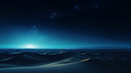 Wide Dunes landscape in a bluish light night with a glowy full moon come into the horizon and stars into the dark sky