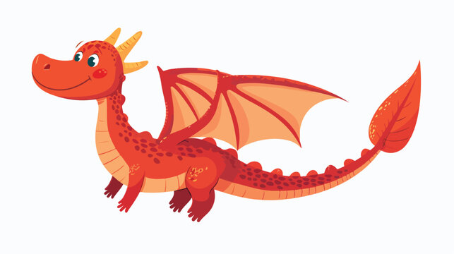 Cartoon happy red dragon flying flat vector isolated o