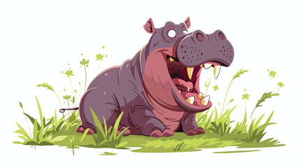 Cartoon hippo with open mouth in the grass flat vector