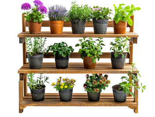 Fototapeta premium tiered gardening shelf with potted herbs and flowers, isolated on a white background 