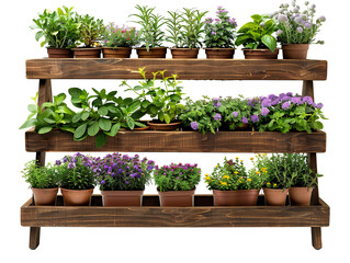  tiered gardening shelf with potted herbs and flowers, isolated on a white background  - obrazy, fototapety, plakaty