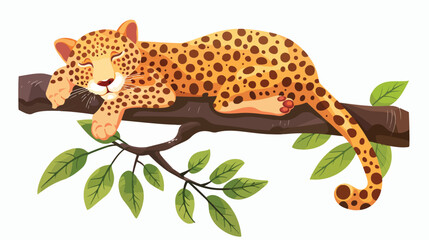Cartoon leopard lying on a tree branch flat vector isolated