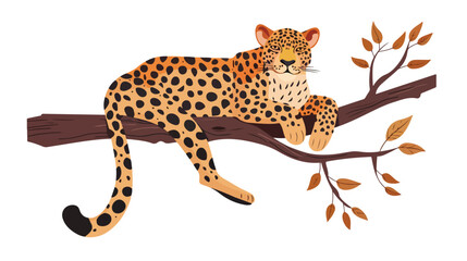 Cartoon leopard lying on a tree branch flat vector isolated