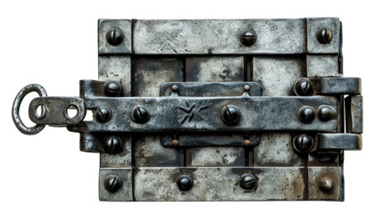 Close-up of a gleaming metal latch against a stark white background, showcasing intricate details
