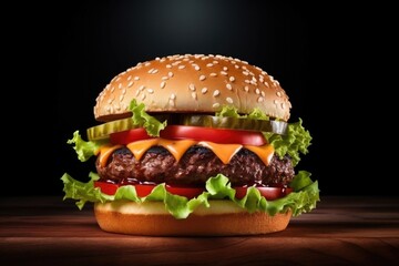 Juicy delicious and appetizing hamburger on dark background.