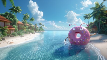 A 3D-rendered pink donut character traveling and enjoy of a tropical beach, food art concept - obrazy, fototapety, plakaty