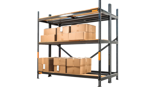 Various boxes neatly arranged on a metal shelving unit