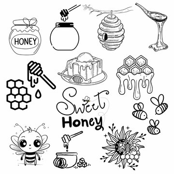 Set of pictures of bees, honey, honeycomb, flowers, black line drawings