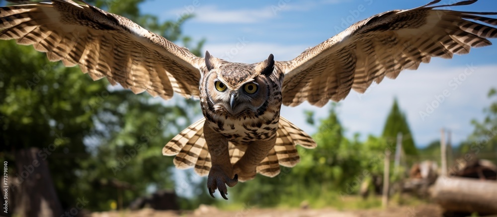 Canvas Prints An owl with its wings spread wide is gracefully flying through the blue sky, showcasing its majestic flight