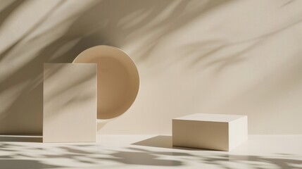 Abstract geometric shapes with shadows on a neutral background, suggesting minimalism and modern...
