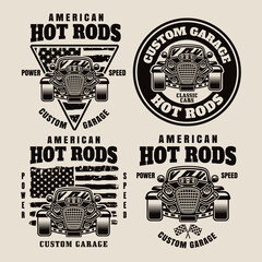 Hot rod vector emblem, label, badge or print in monochrome style isolated on light background