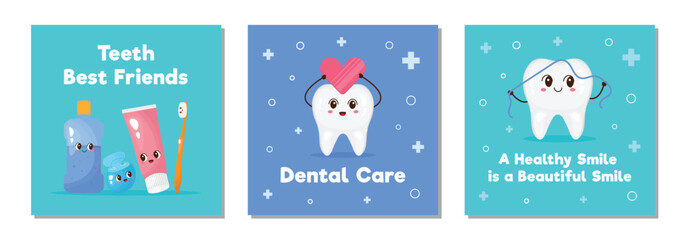 Collection of children's dental banners or posters for dental clinic. Cute teeth and hygiene products. Funny characters for dentistry.