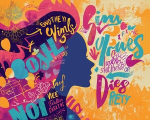 Empowering Words Create a vector illustration featuring empowering words and phrases related to womens empowerment, resilience, and strength, arranged in an artistic and visually appealing layout ,4k