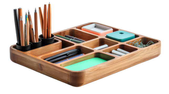 A stylish wooden desk organizer neatly holds pens, pencils, and various office supplies