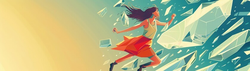 Breaking Barriers Depict a vector illustration of a woman breaking through a glass ceiling or barrier, symbolizing the breaking down of gender stereotypes and limitations ,high resolution - obrazy, fototapety, plakaty