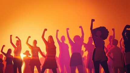 Womens Unity Illustrate a diverse group of women standing together in solidarity, holding hands or raising fists in unity and empowerment ,4k